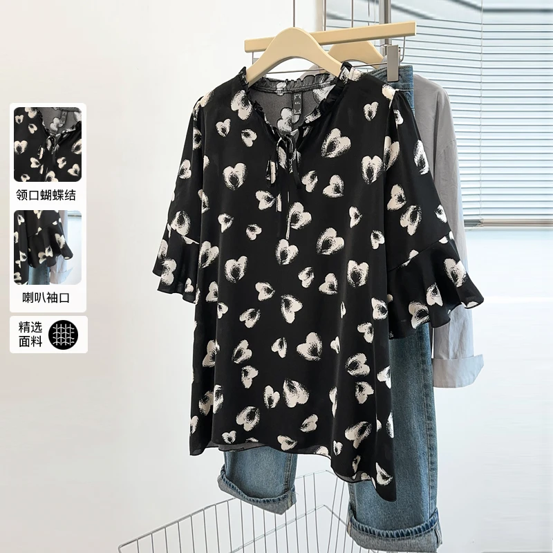 25021T大码女装胖mm夏装雪纺衫200斤五分袖T恤洋气显瘦蝴蝶结上衣