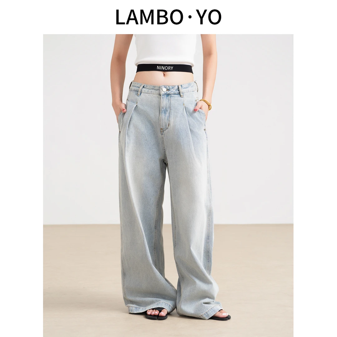 LAMBOYO2025高腰休闲风水洗女牛仔裤设计感阔腿裤