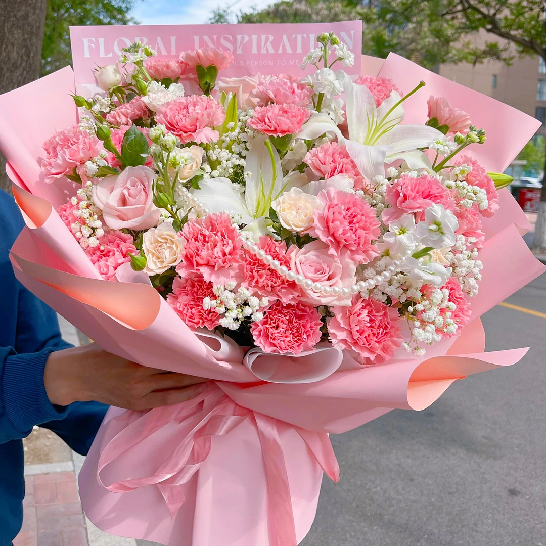 【祝您安康】19朵康乃馨百合混搭鲜花店同城配送妈妈丈母娘长辈花束