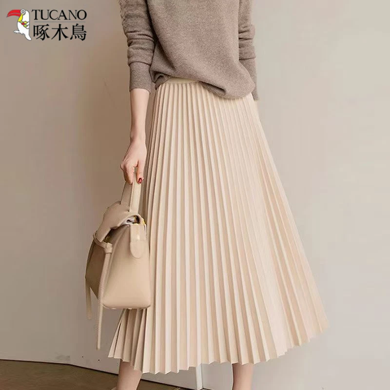 TUCANO/啄木鳥秋冬款温柔气质毛呢半身裙女高腰百褶裙中长款裙子