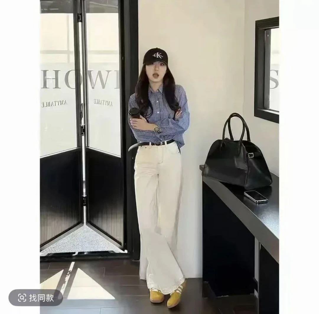 【运费险+现货】早秋新款米杏色牛仔裤女高腰显瘦窄版直筒裤