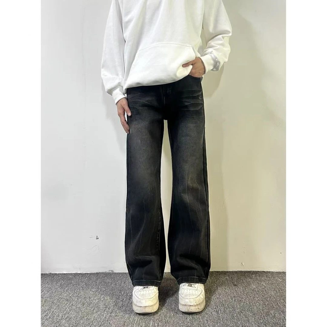 渐变黑牛王微喇牛仔裤男士秋冬直筒喇叭裤子男潮流休闲长裤显瘦