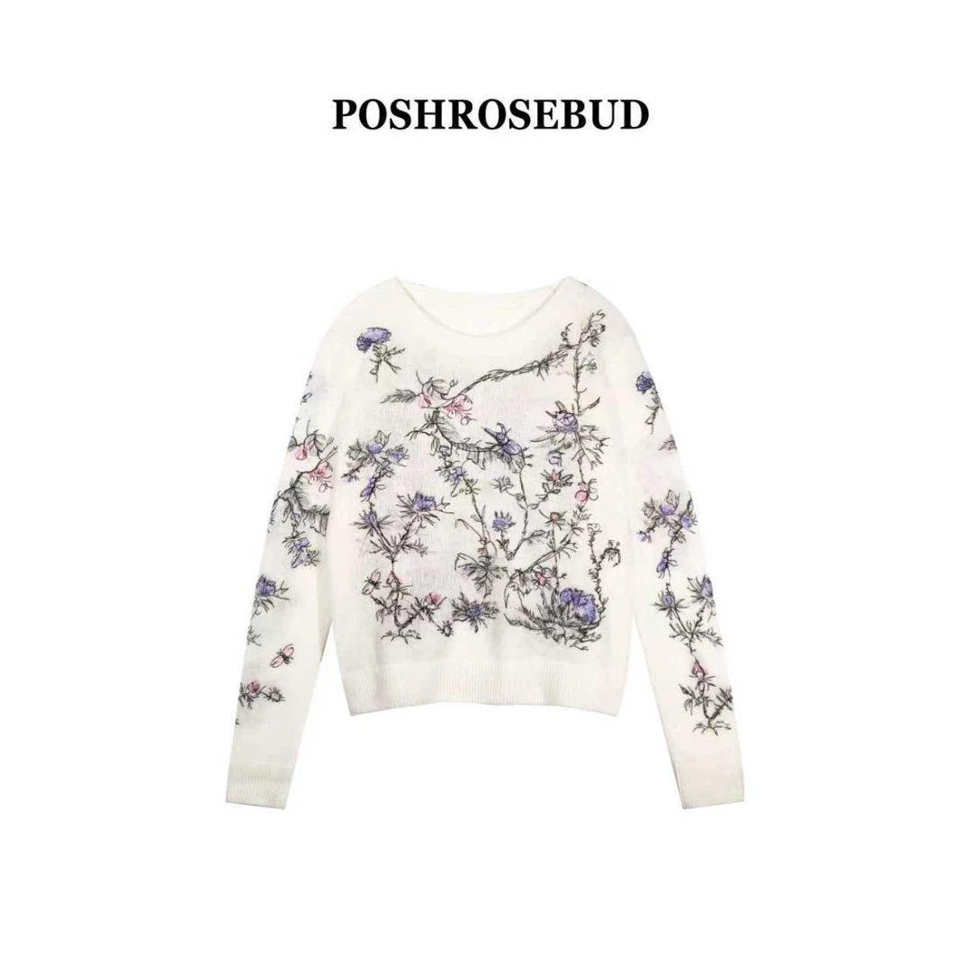 【POSHROSEBUD】长袖重工花卉绣花休闲时尚圆领毛衣针织衫RJ5005