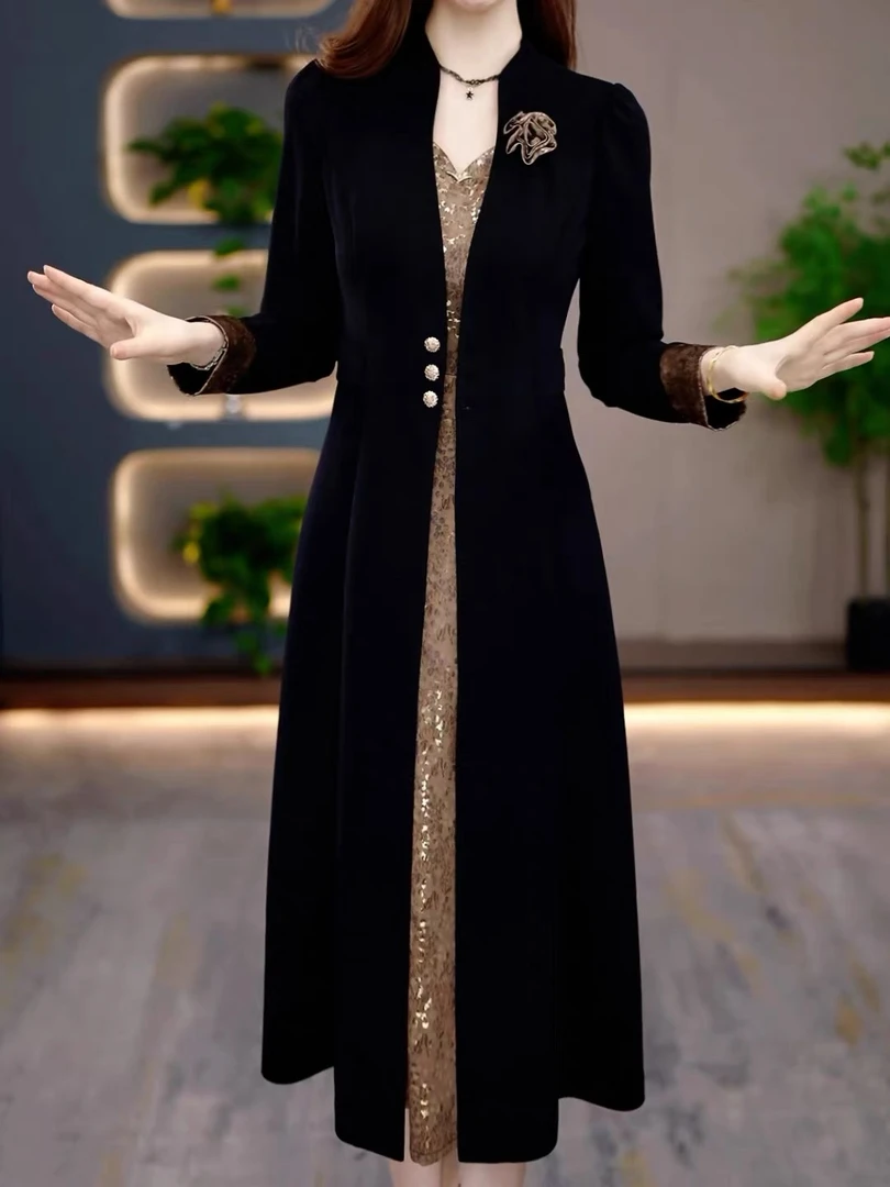 K09秋季时尚修身显瘦长袖连衣裙遮肚子藏肉高端假两件套连衣裙