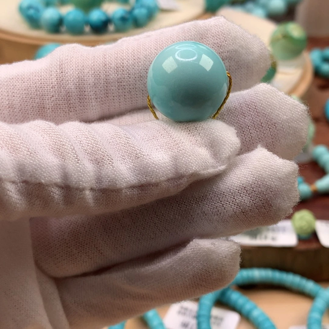 绿松石未镶嵌珠宝奇石高瓷蓝绿圆珠17.6mm