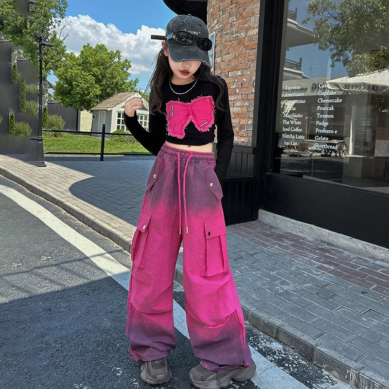 女童春装套装2025新款中大儿童春季韩版T恤女孩渐变工装裤两件套