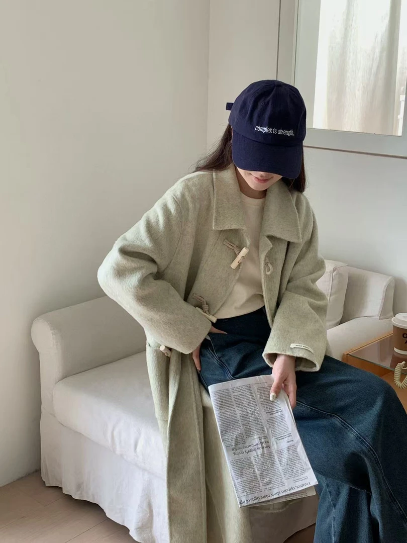 纯色翻领保暖少女风木桶扣毛呢外套中长款秋季ins大衣