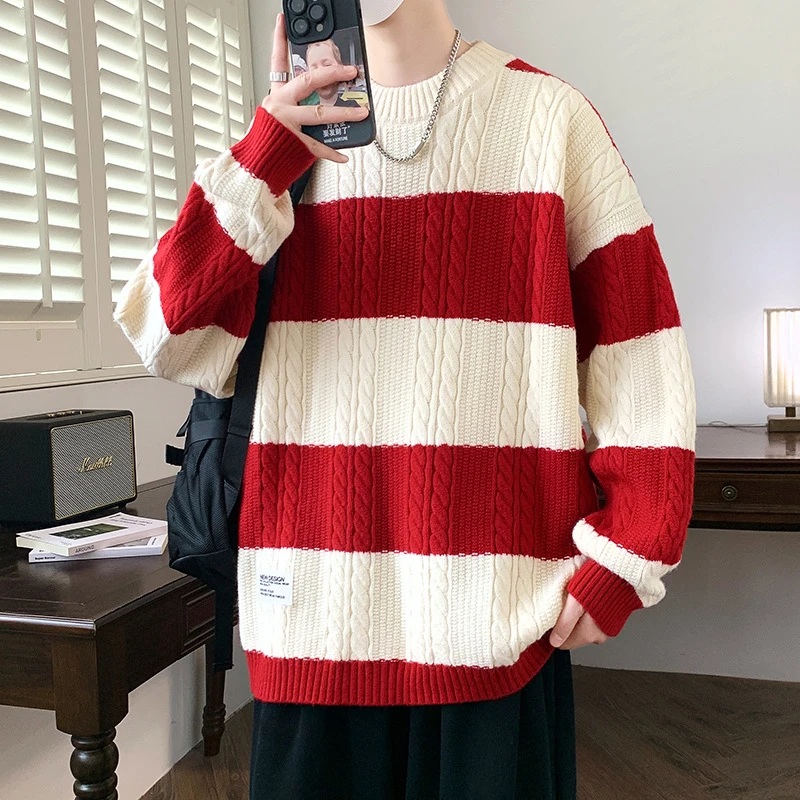 条纹毛衣男秋冬季宽松圆领打底针织衫青少年加厚保暖高级感线衣服