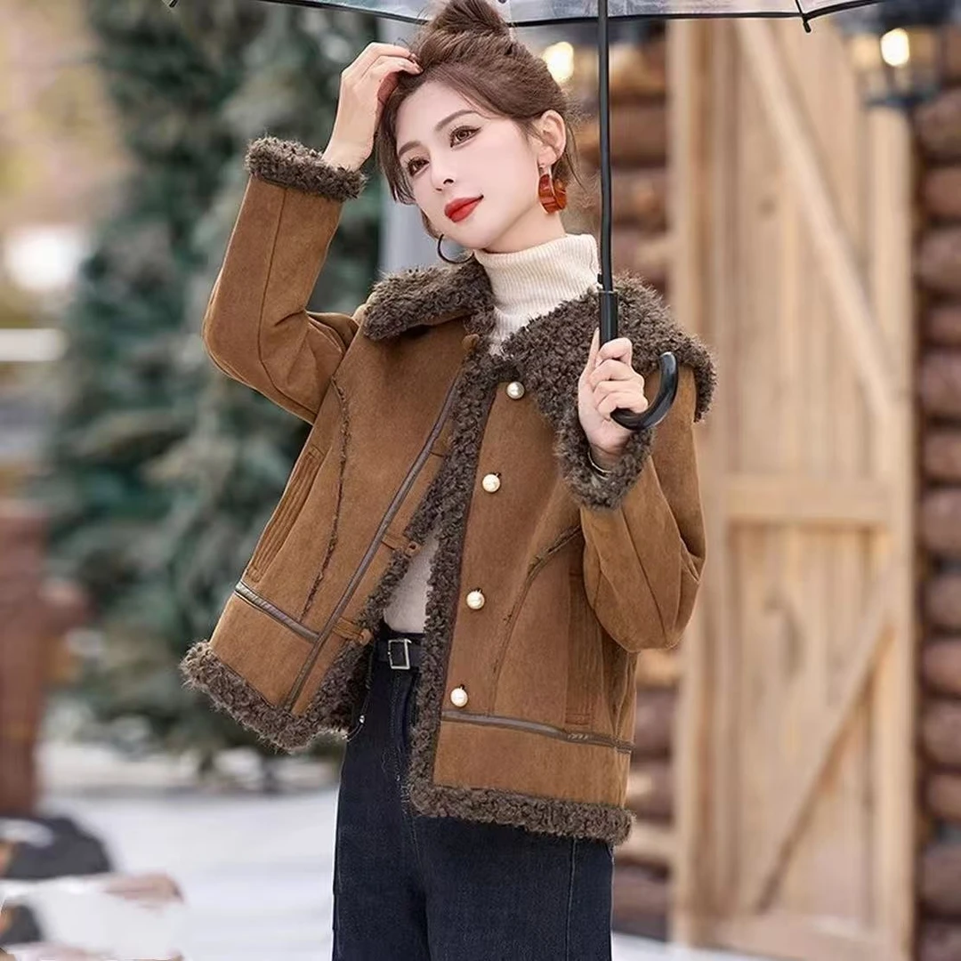 皮毛一体防鹿皮绒毛毛外套女冬2025新款洋气韩系短款加厚夹克上衣