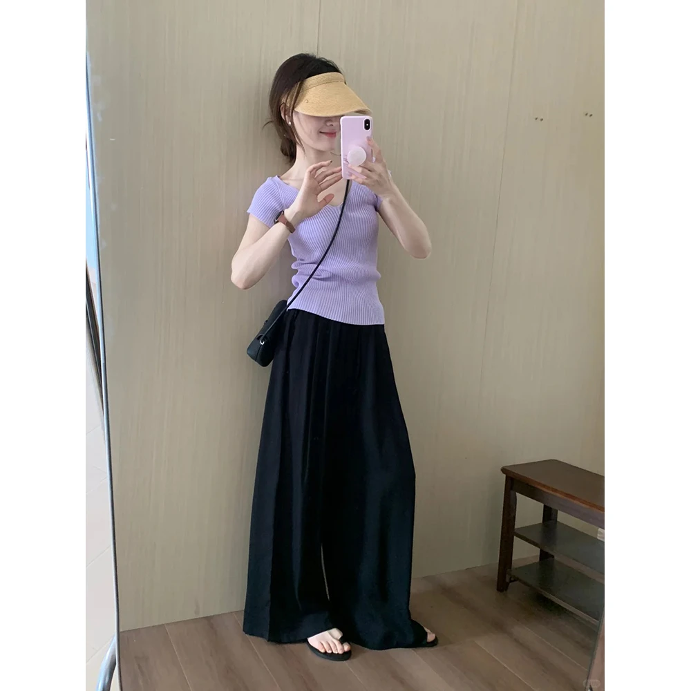 五一出行夏季v领修身针织衫时髦洋气性感显身材T恤上衣裤子套装女