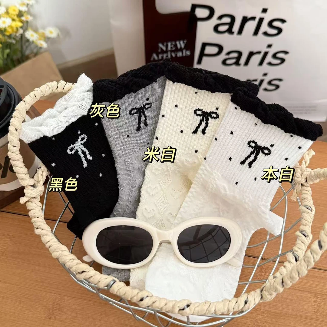 波点蝴蝶结中筒袜子女春夏款浮雕泡泡口新款花边网红百搭堆堆袜子