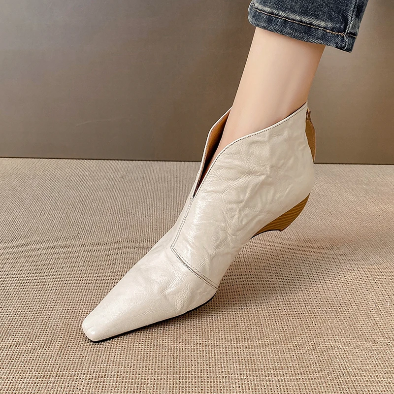 软羊皮/4.5cm/秋冬短靴高跟轻职风百搭冬春秋法式后拉链拉链中跟