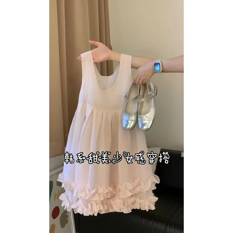 韩系温柔甜美淡粉色木耳边无袖背心裙女夏季新款少女感减龄短裙子