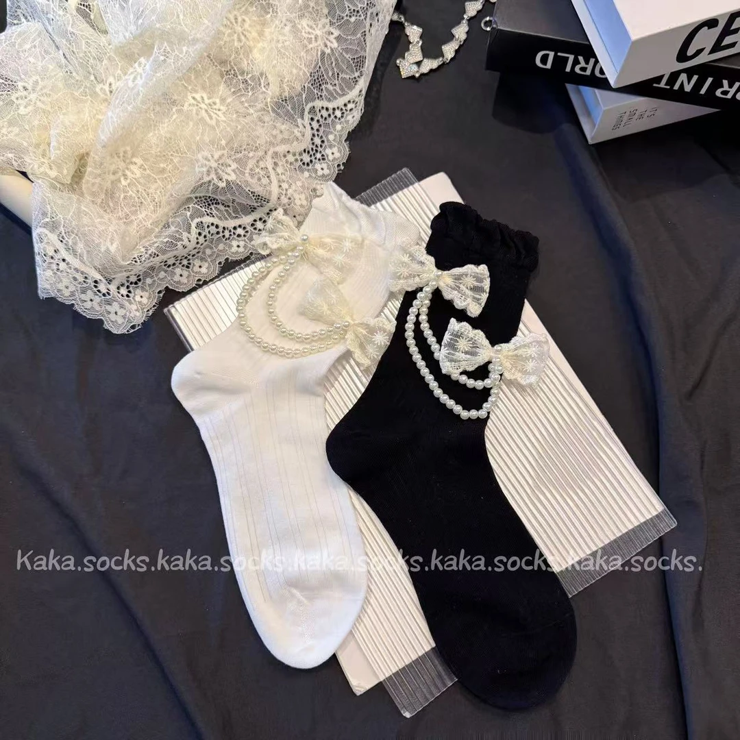 韩版甜美双珍珠蝴蝶结饰品薄款春夏洋气时尚中筒袜