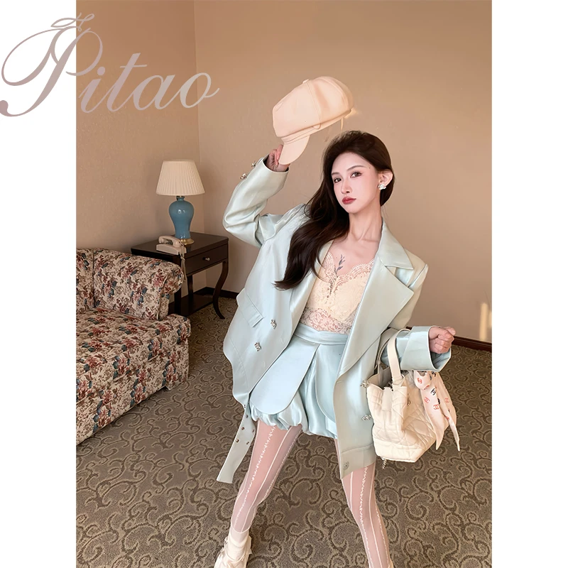 杜屁屁桃PITAO 原创【薄荷日记】设计师款轻奢时尚气质西装+短裤