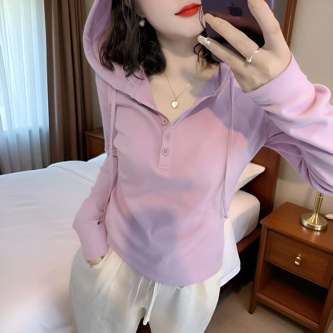 春秋纯色女士遮肚连帽T恤休闲连帽ins设计感线长袖宽松百搭洋气