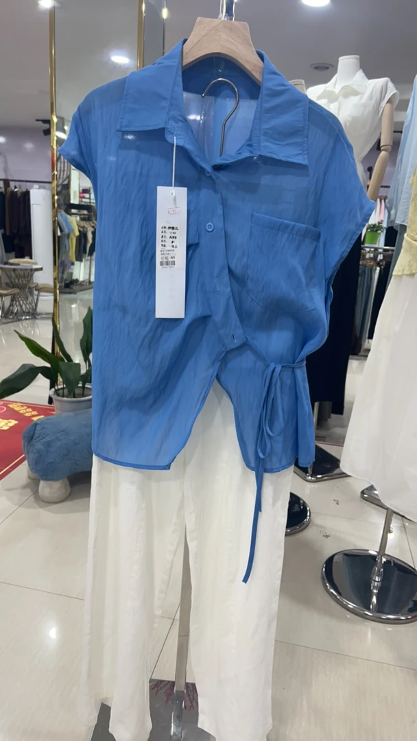 不对称拼接薄款夏季斜襟吸汗衬衫时尚女装蓝色百搭翻领牛仔