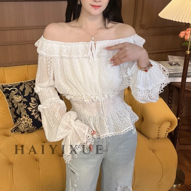 【海哥】新款纯情少女减龄弹力一字肩衬衣