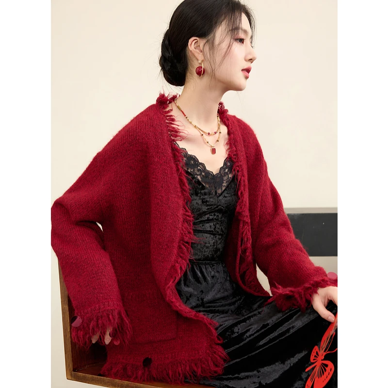 三彩【胭脂海棠】2025春季新款新中式针织衫V领毛边毛衣开衫外套C