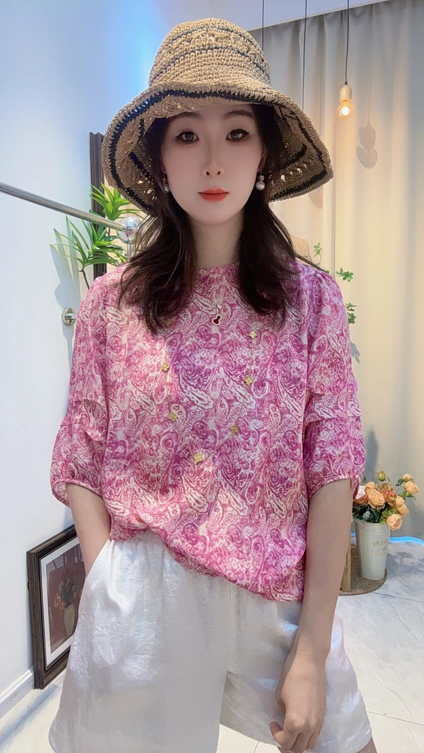 100%桑蚕丝双绉腰果花粉紫显白上衣