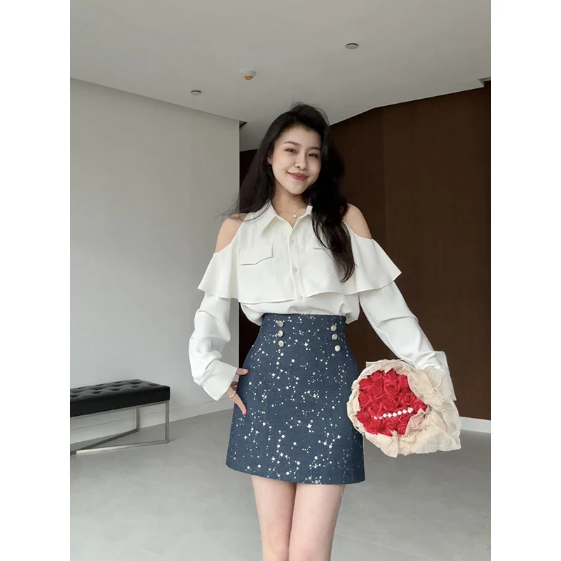 张阿星【夜幕星河】荷叶边露肩遮肉上衣+细闪A字半裙W424C20817