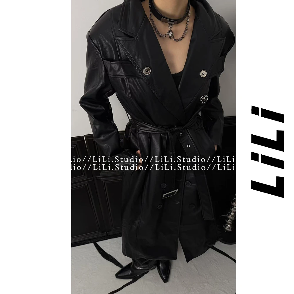 【李里家上新】美式复古黑色长款皮风衣女秋冬高级感加棉皮大衣外套