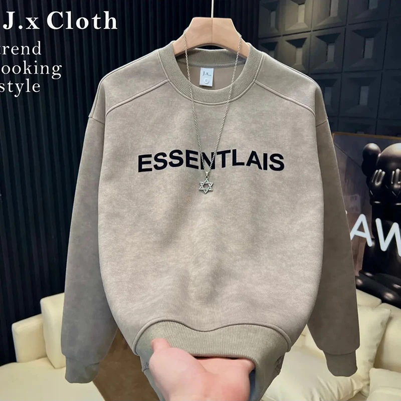 2025秋冬字母植绒印花圆领卫衣男款宽松百搭长袖扎染上衣潮牌轻奢