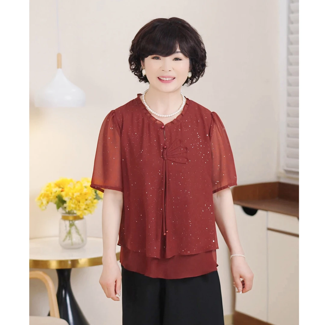 MUYUEZI/中年妈妈夏季新款洋气中老年时尚大码洋气印花上衣套装