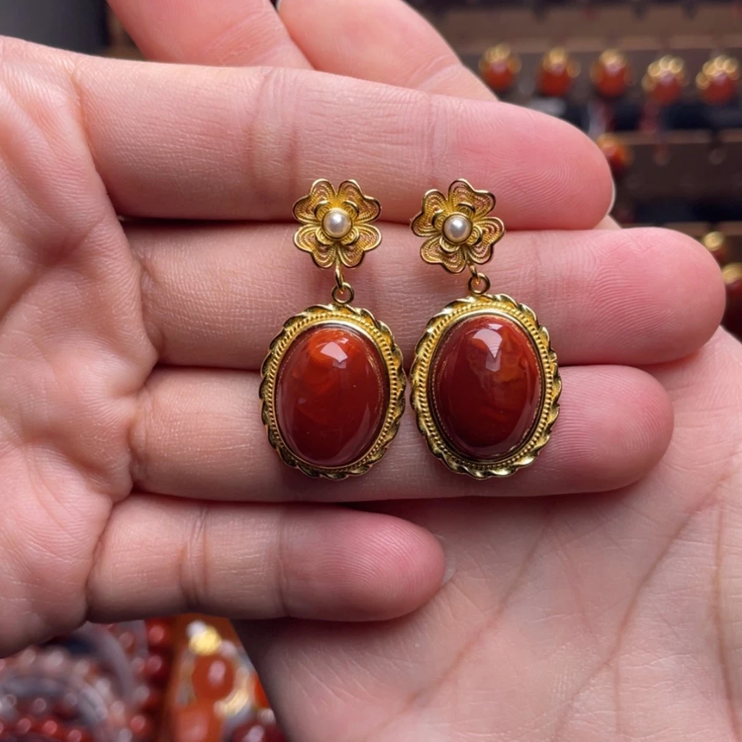 【闪购商品】银S925镶嵌大蛋面耳坠南红玛瑙鸢**跃