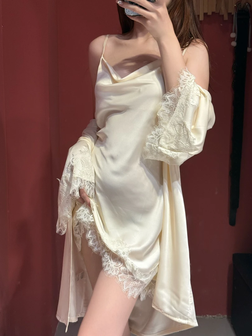 轻奢优雅*吊带薄款秋季荡领睡衣美背显瘦睡裙蕾丝外袍带胸垫家居