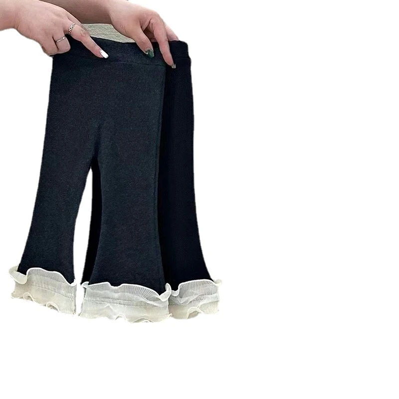 春秋女童装休闲裤宝宝洋气个性潮韩版花边拼接弹力修身喇叭裤童裤