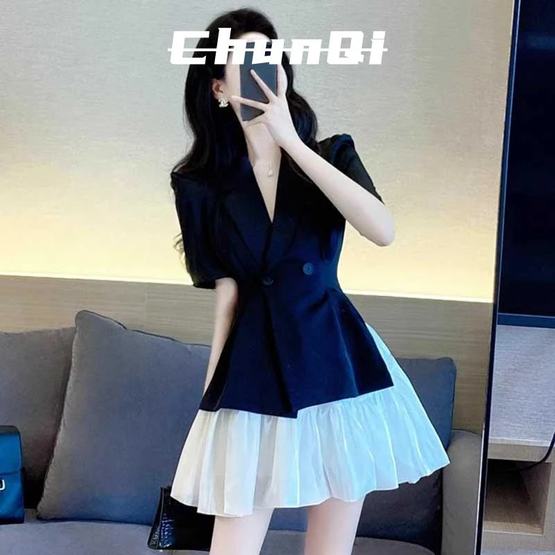 淳启气质名媛轻熟风时尚套装收腰显瘦v领蓬蓬裙两件套夏季百搭潮