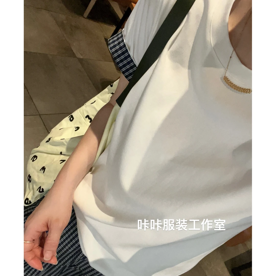 REKAYYAT”扶光“夏季新款韩版百搭显瘦通勤洋气袖子拼格子短袖T恤