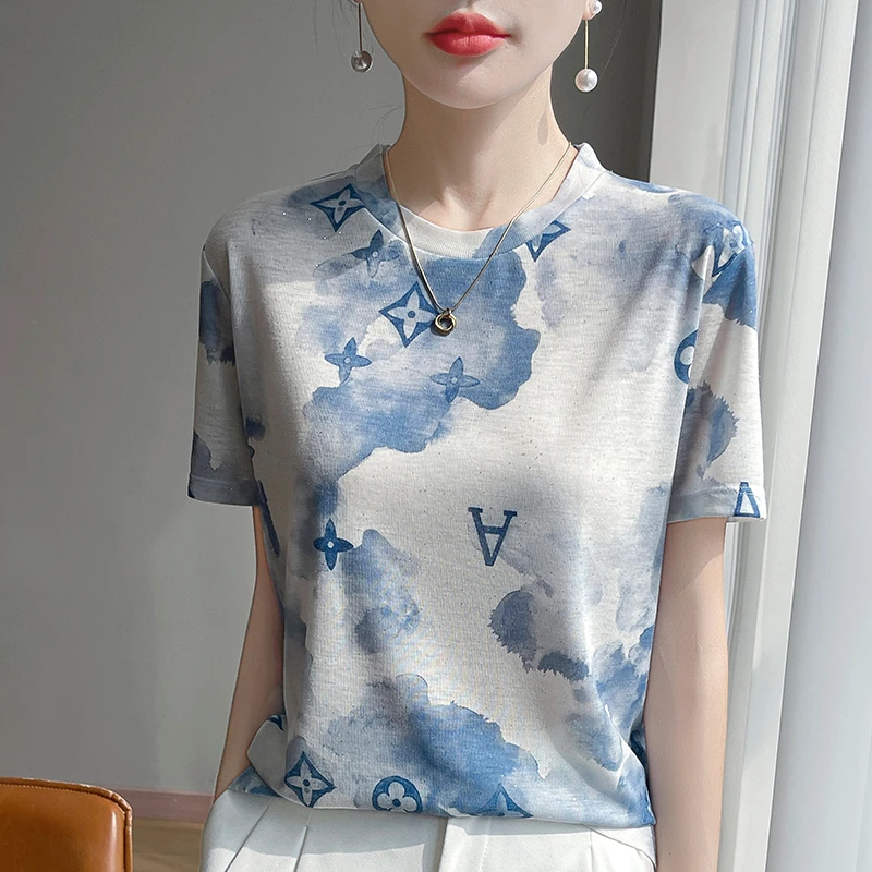 【莱赛尔】高品质撒银印花气质显瘦圆领半袖-Z59蓝墨画