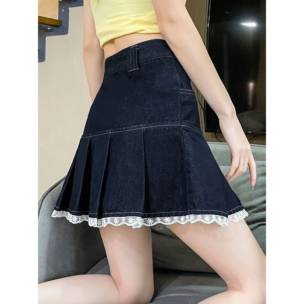 蕾丝洋气牛仔短裤裙女夏天薄款2025年新款独特辣妹热辣百褶短裙子