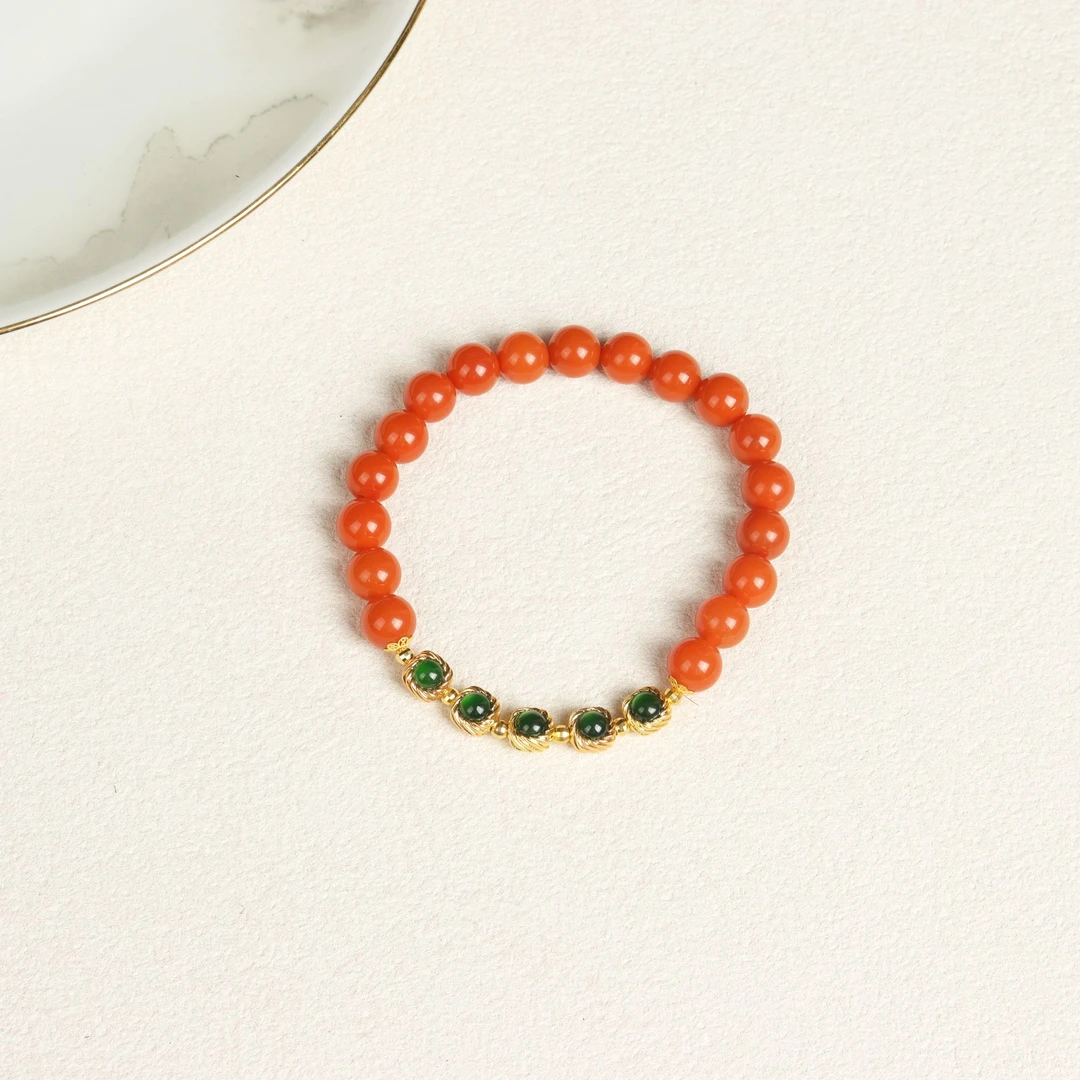 【五福】18k金原创天然南红玛瑙精致时尚单圈女款手串7mm