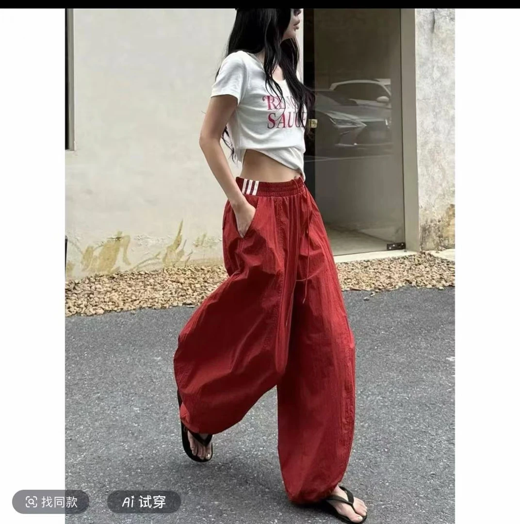 2025新款韩国代购刺绣弯刀阔腿裤夏季松弛慵懒百搭