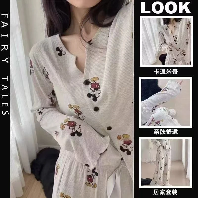 冰丝螺纹米奇睡衣女士春秋薄款V领网红小香风长袖开衫家居服套装