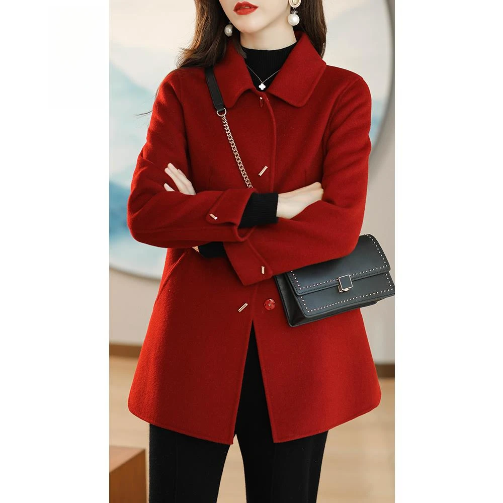 法式红色时尚双面呢大衣女2025新款秋冬显瘦短款高端羊毛外套韩版