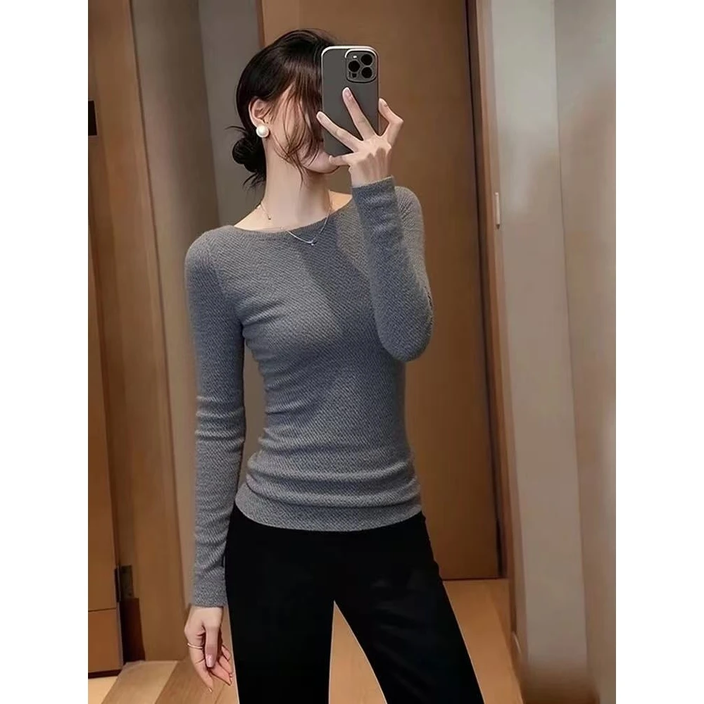 别致漂亮灰色水波纹无缝圆领修身针织打底衫女秋冬季韩系长袖毛衣