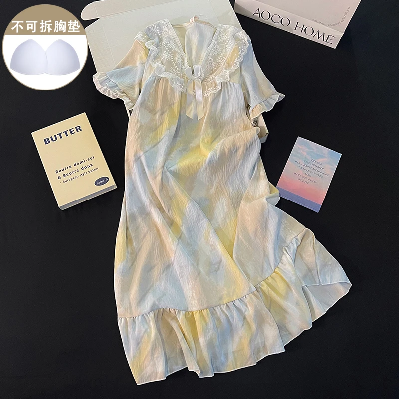 韩版带胸垫睡衣女夏季新款短袖睡裙蕾丝蝴蝶结宽松舒适学生家居服