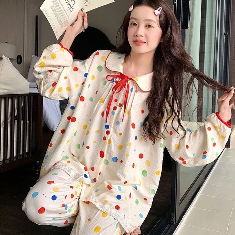 【星】彩色波点睡衣女春夏季开衫长袖长裤可爱学生家居服套装3052