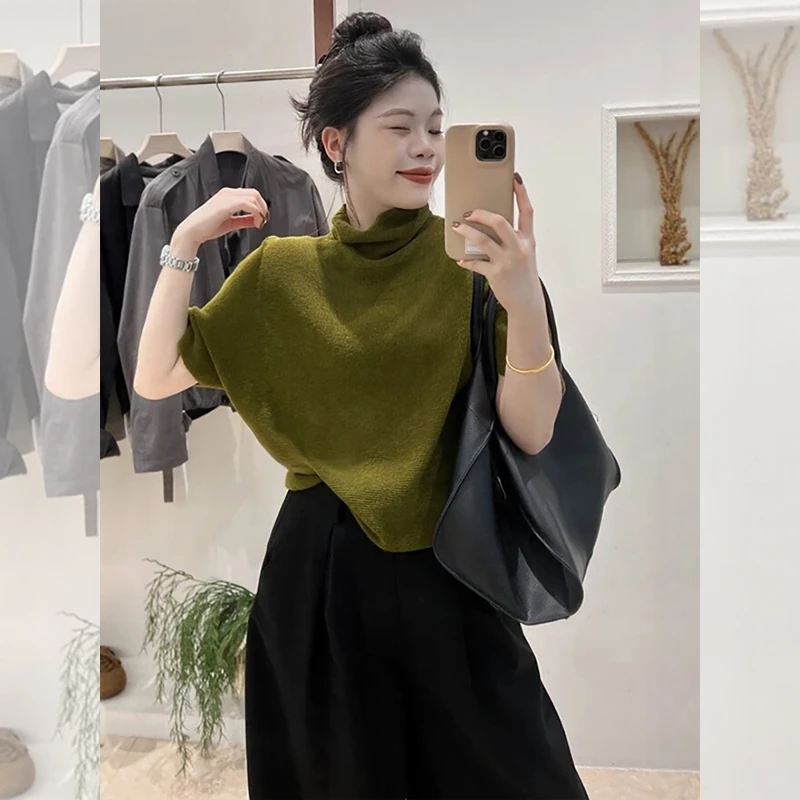 慵懒半高领落肩款针织打底衫女秋季宽松气质中袖内搭毛衣显瘦上衣