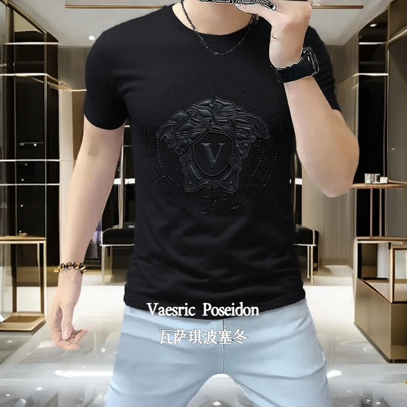 Vaesric Poseidon/瓦萨琪波塞冬男夏季轻奢修身休闲丝光棉短袖T恤