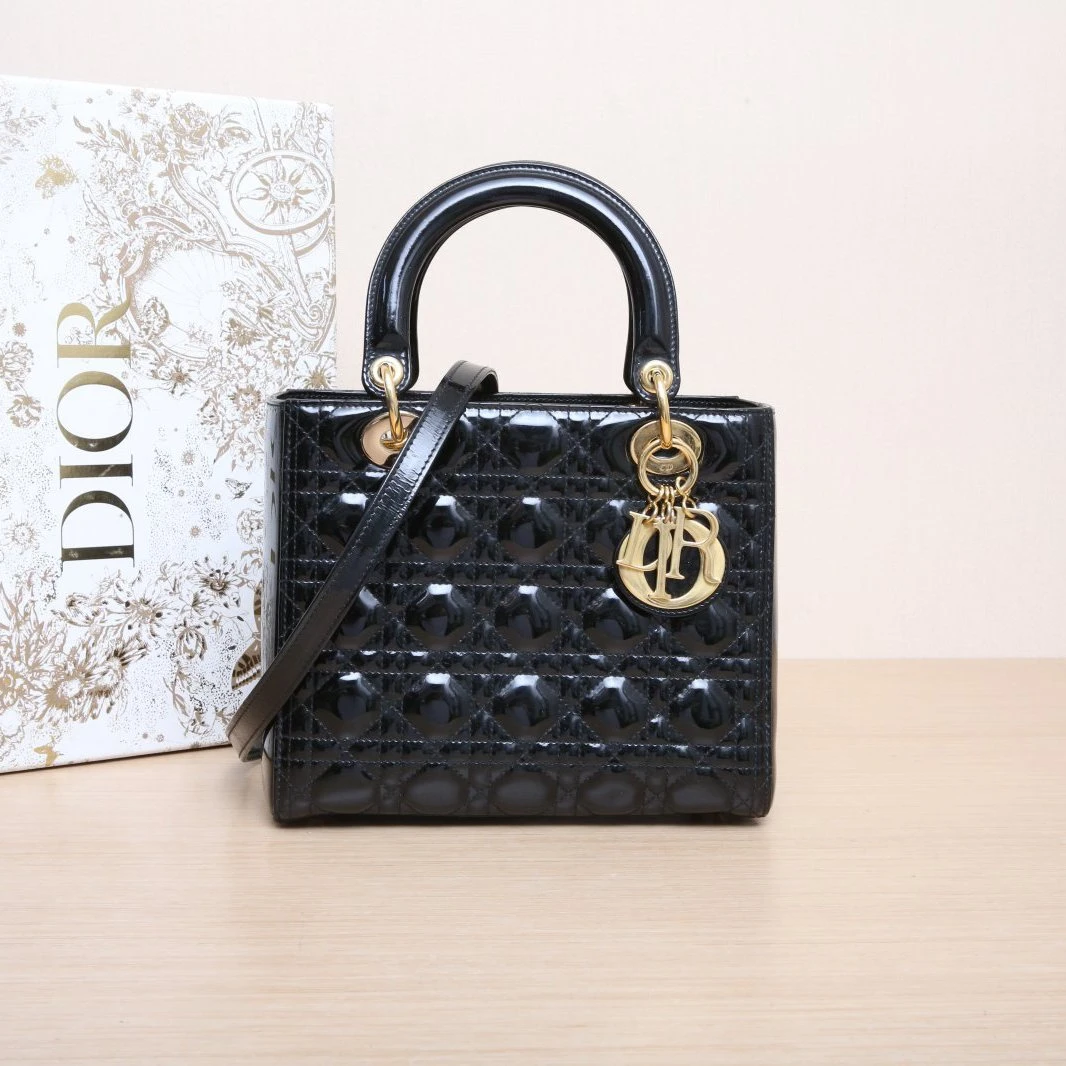 95新 DIOR/迪奥 【活动黑黑】戴妃包 五格 黑色 漆皮 金扣