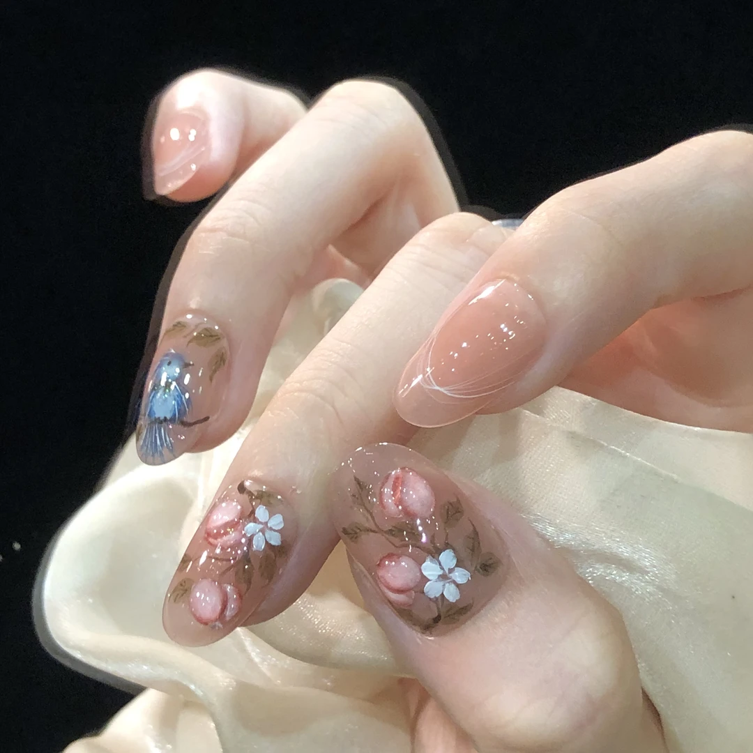 喵公子【桃枝雀语】【雕花设计师款】纯手工穿戴甲可拆卸美甲光疗甲