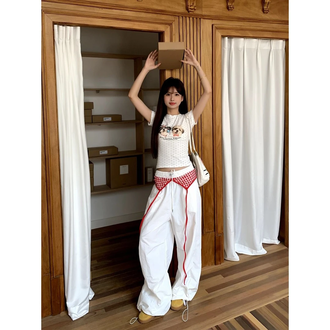 蕾丝拼接美式叠穿设计感绑带伞兵裤女夏季宽松休闲褶皱阔腿裤潮