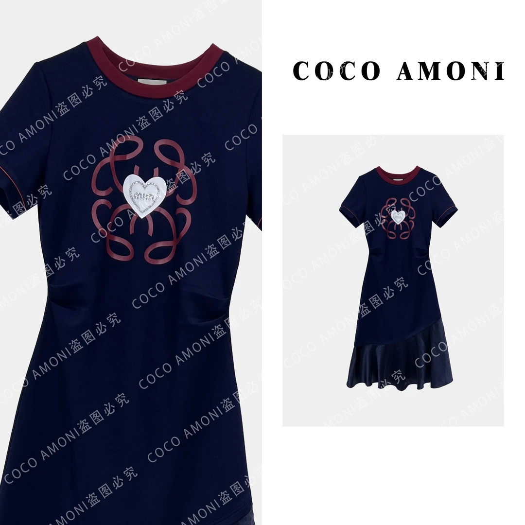 高级设计带钻爱心夏日女装拼接褶皱收腰显瘦气质连衣裙ZC032