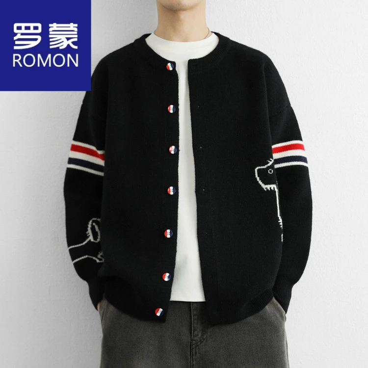 罗蒙春秋季新款织带撞色圆领针织开衫外套男士宽松百搭休闲上衣男