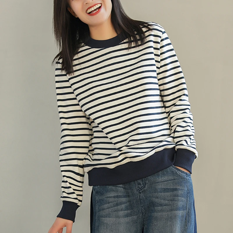 春秋新款宽松休闲显瘦长袖上衣大码套头撞色拼接女慵懒风条纹卫衣